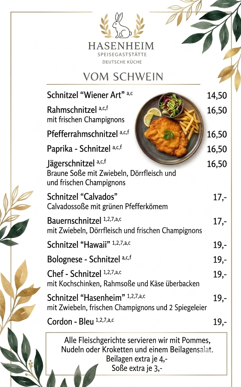 Auszug der Hasenheim-Speisekarte mit Schnitzelgerichten